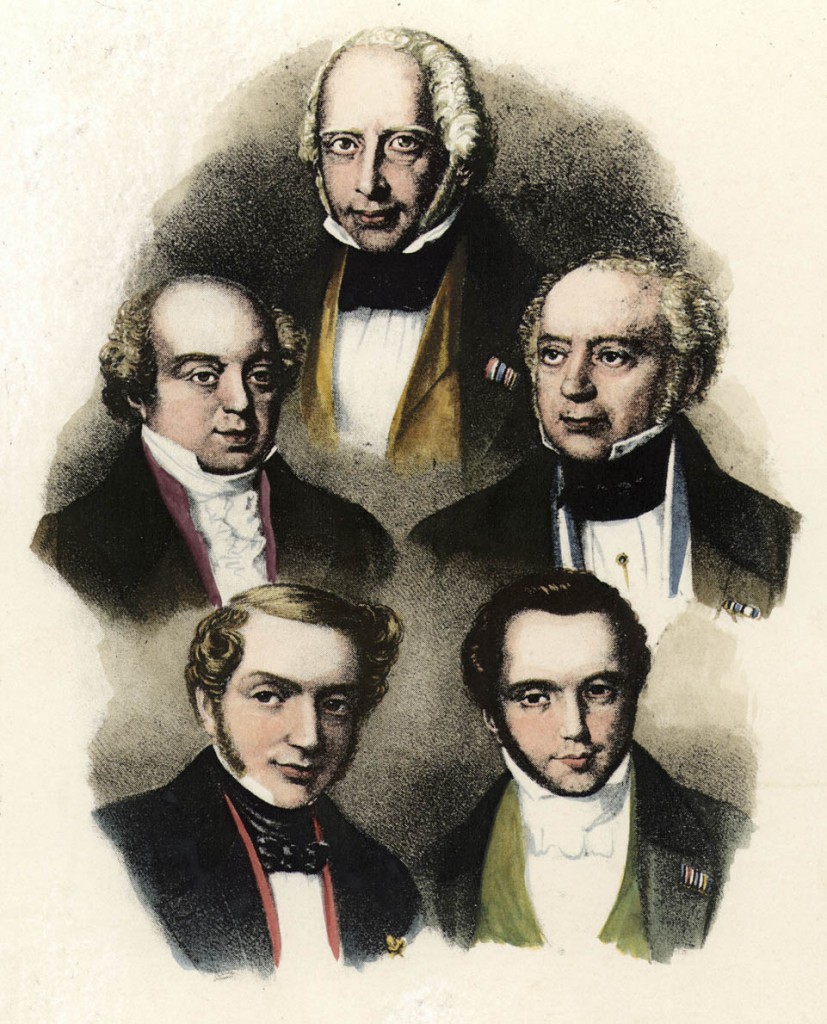 Rothschild, Amschel Mayer Banker; 1773-1855.-Amschel Meyer (top) and his brothers Nathan (top left), Salomon (top right), James (bootom left) and Carl (bottom right).-Lithograph, contemporary. Colour added later.