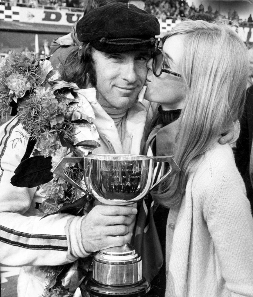 Motor Racing, 22nd March 1970, World Champion racing driver Jackie Stewart gave the new March 701 Grand Prix car it's first ever win in a drama packed Daily Mail Race of Champions at Brands Hatch, Kent, Picture shows the British victor and his wife (Photo by Bentley Archive/Popperfoto/Getty Images)