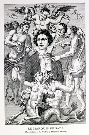 BAL126790 Portrait of the Marquis de Sade Surrounded by Devils (engraving) by French School, (18th century); Private Collection; French, out of copyright