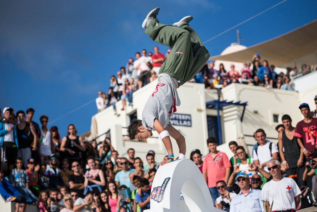 Dimitris Kyrsanidis of Greece competes during the Red Bull Art Of Motion in Firostefani area on island of Santorini, Greece on October 4th, 2014