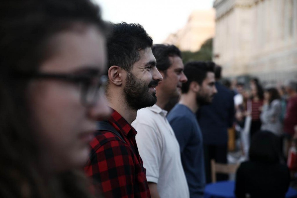 Eye contact with strangers experiment at Propylaea, in Athens, Greece on October 15, 2015.