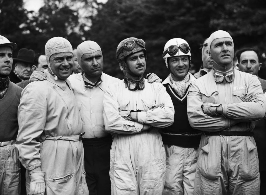20 May 1951, Paris, France --- (L-R) Yves-Giraud Cabantous, Juan Manuel Fangio, Maurice Trintignant, Robert Manzon and Giuseppe Farina. Formula One drivers of the 1951 Paris Grand Prix. --- Image by © Universal/TempSport/Corbis
