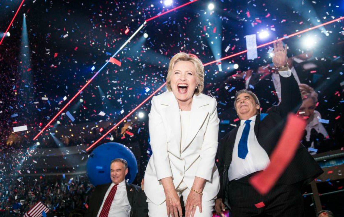 An ecstatic Hillary Clinton celebrates at the conclusion of the Democratic National Convention where she accepted the nomination in Philadelphia, on July 28, 2016.