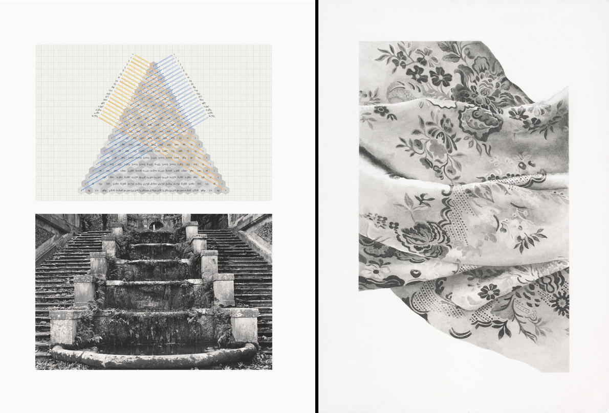 Αριστερά: Alison Turnbull  "A Garden of Numbers", 2015, Silver gelatin print; archival pigment print with watercolour, 66.5 x 51.5 cm. Δεξιά: Έυα Μαραθάκη "Transformation V", 2014, pencil on paper, 35 x 50 cm