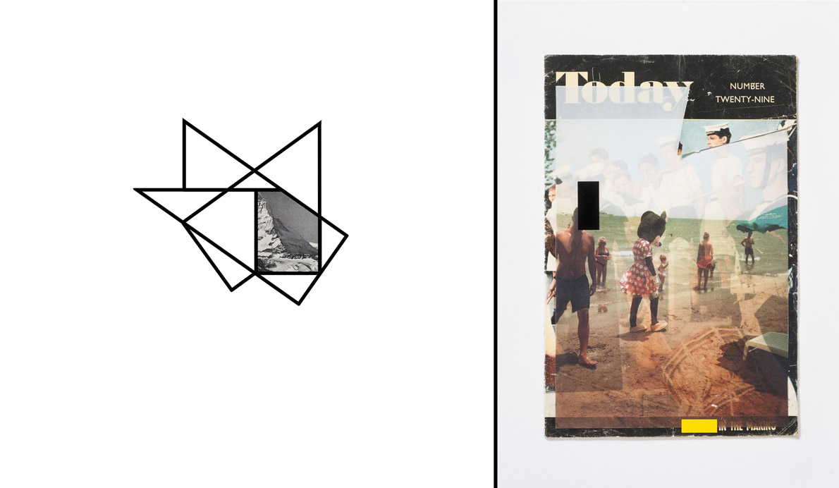 Αριστερά: Gary Colclough "A Better Place to Live In", 2015, vinyl, 100 x 50 cm. Δεξιά: Βίκυ Περικλέους "History Today", 2014-2015, printed on Optica One Fine Art paper, collage, photograph, stickers, 60 x 40 cm