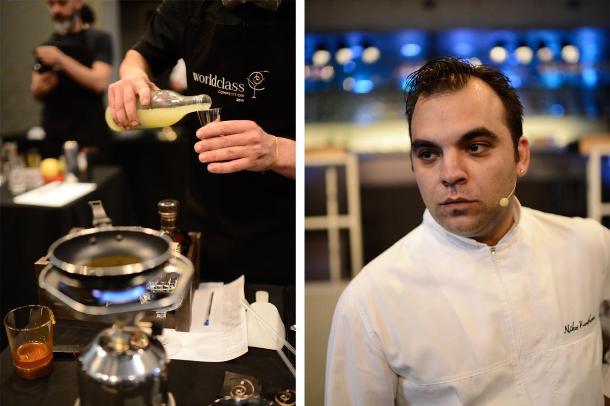 Σε μία από τις δοκιμασίες, οι φιναλίστ κλήθηκαν να δημιουργήσουν ένα cocktail που θα ταίριαζε αρμονικά με τις γεύσεις που ετοίμασε ο, βραβευμένος με αστέρι Michelin σεφ, Νίκος Καραθάνος (δεξιά).